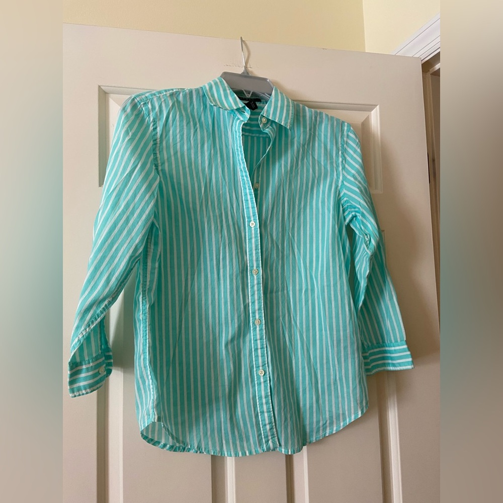 Turquoise and white striped long sleeve button down shirt